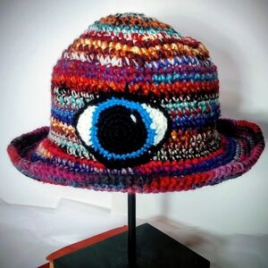 Evil Eye Third Eye Multicolor Crocheted Brimmed Hat New Handmade